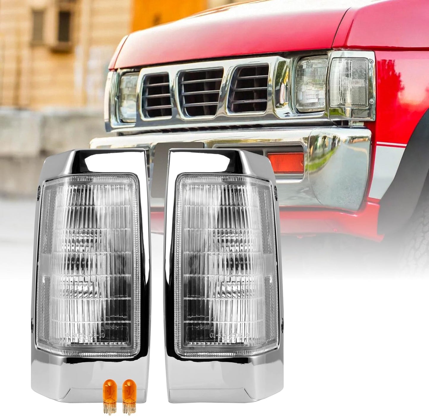 USR 90-97 Hardbody Pickup Corner Light – CLEAR Corner Lamps (Left + Right) Pair - Compatible with 1990-1997 Nissan Pick up Hardbody Truck All Models (CLEAR CORNER LAMPS W/Sockets & BULBS - Plug&Play)