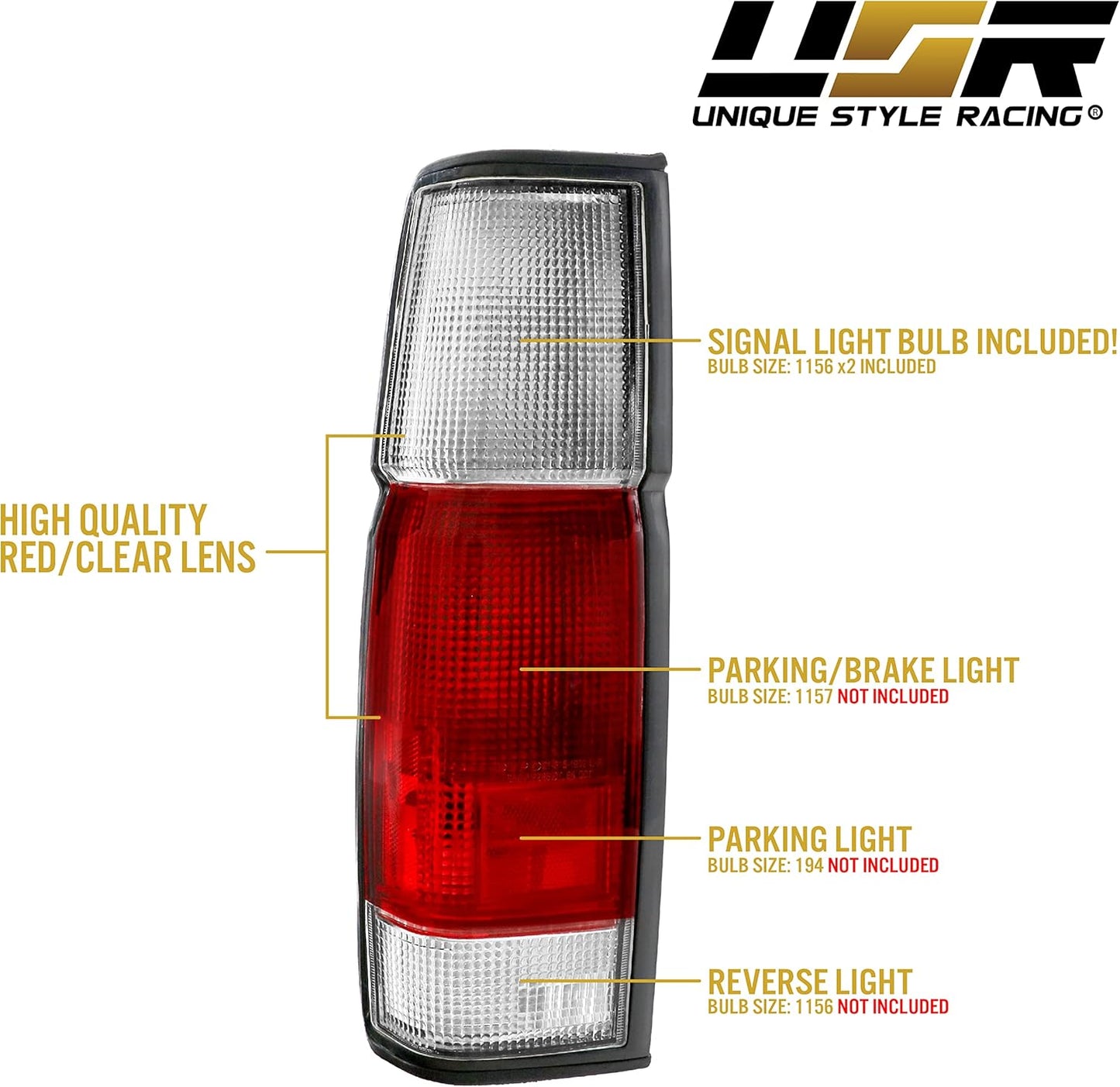 USR 86-97 Hardbody Tail Lights - Rear Tail Lamps Taillight Replacement Assembly Set (Left + Right) Compatible with 1986-1997 Nissan Hardbody D21 Pickup Truck (Red/Clear Lens)