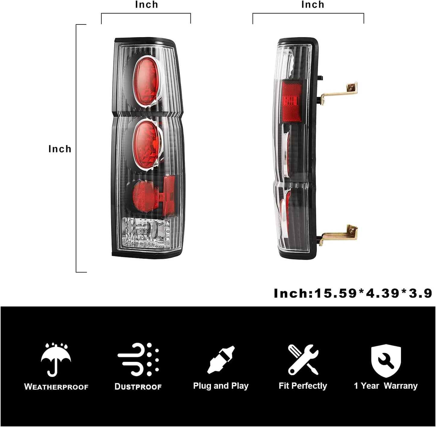 Tail Light Assembly Compatible with 1986 1987 1988 1989 1990 1991 1992 1993 1994 1995 1996 1997 Nissan Pickup D21 Driver and Passenger Side (Black Housing, Clear Lens)