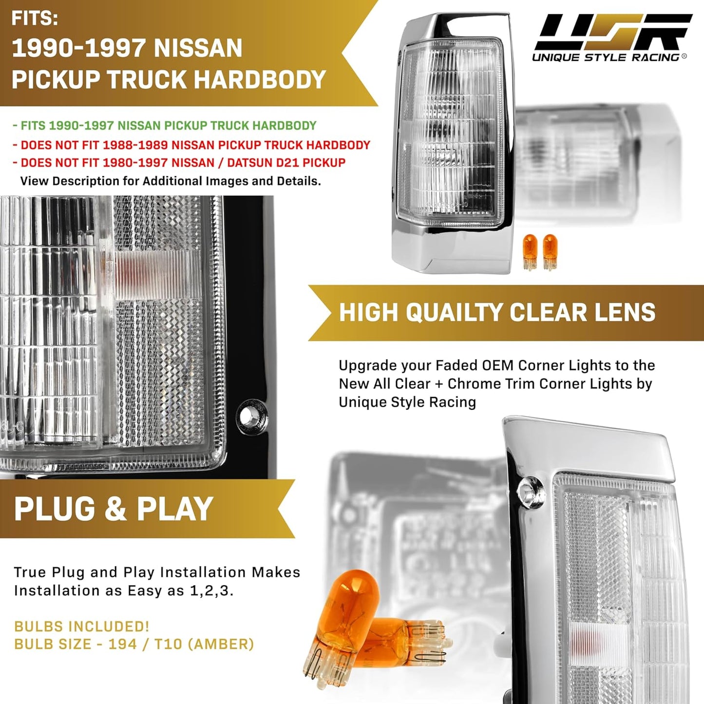 USR 90-97 Hardbody Pickup Corner Light – CLEAR Corner Lamps (Left + Right) Pair - Compatible with 1990-1997 Nissan Pick up Hardbody Truck All Models (CLEAR CORNER LAMPS W/Sockets & BULBS - Plug&Play)