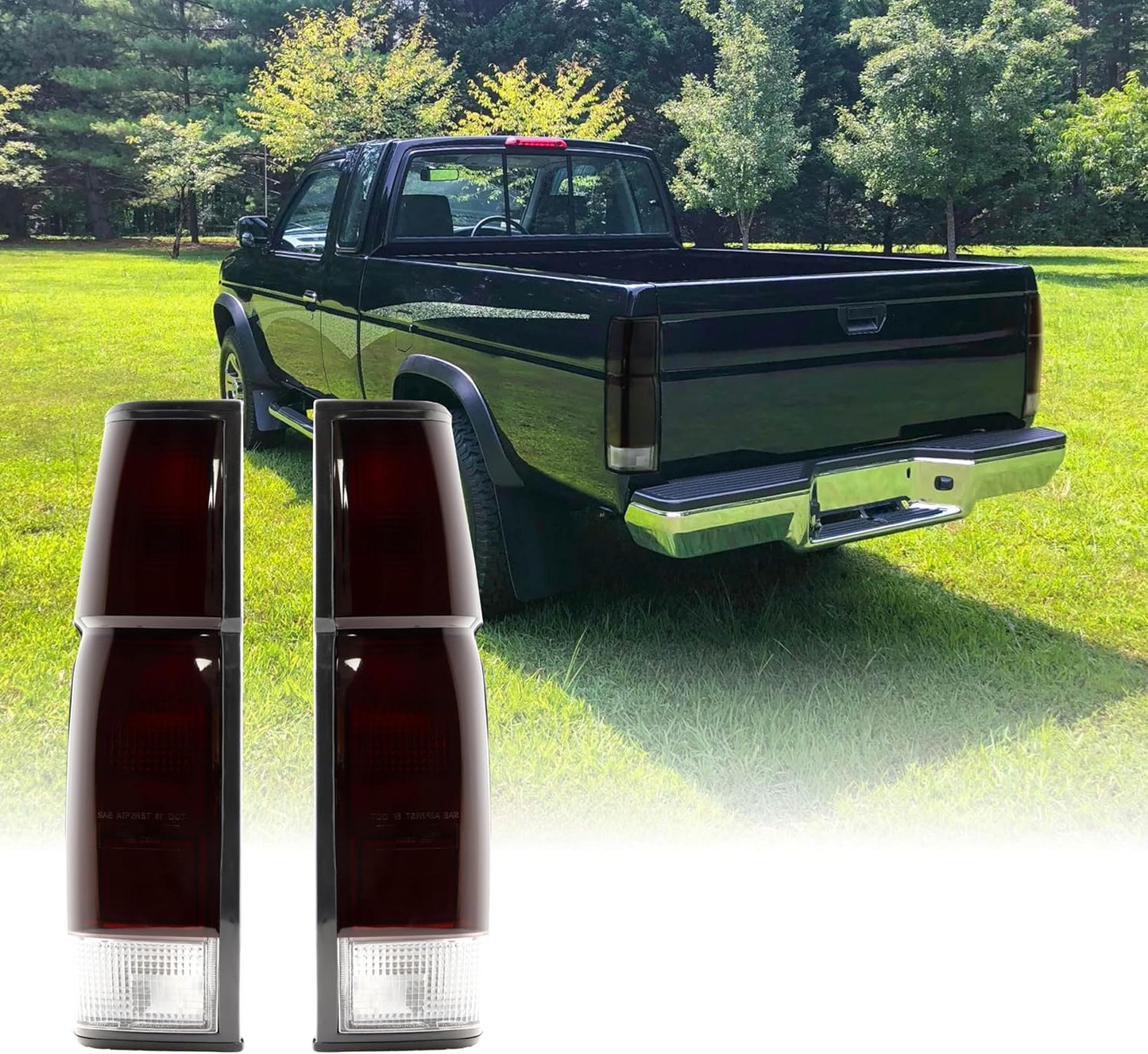 USR 86-97 Pickup Hardbody Tail Light – 2 Piece Replacement Tail Lamps (Left + Right) - Compatible with 1986-1997 Nissan Hardbody Pickup Truck All Models (Dark Cherry Red Lens and Sockets Included)