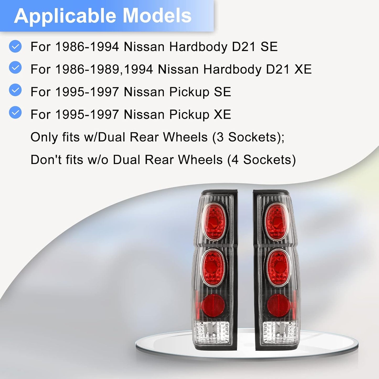 Tail Light Assembly Compatible with 1986 1987 1988 1989 1990 1991 1992 1993 1994 1995 1996 1997 Nissan Pickup D21 Driver and Passenger Side (Black Housing, Clear Lens)