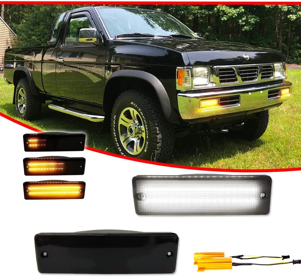 for 1988-1997 Nissan Hardbody Pickup, 1988-1995 Nissan Pathfinder Front Bumper Turn Signal DRL Daytime Running Light Smoked Lens Amber/White LED Lamp