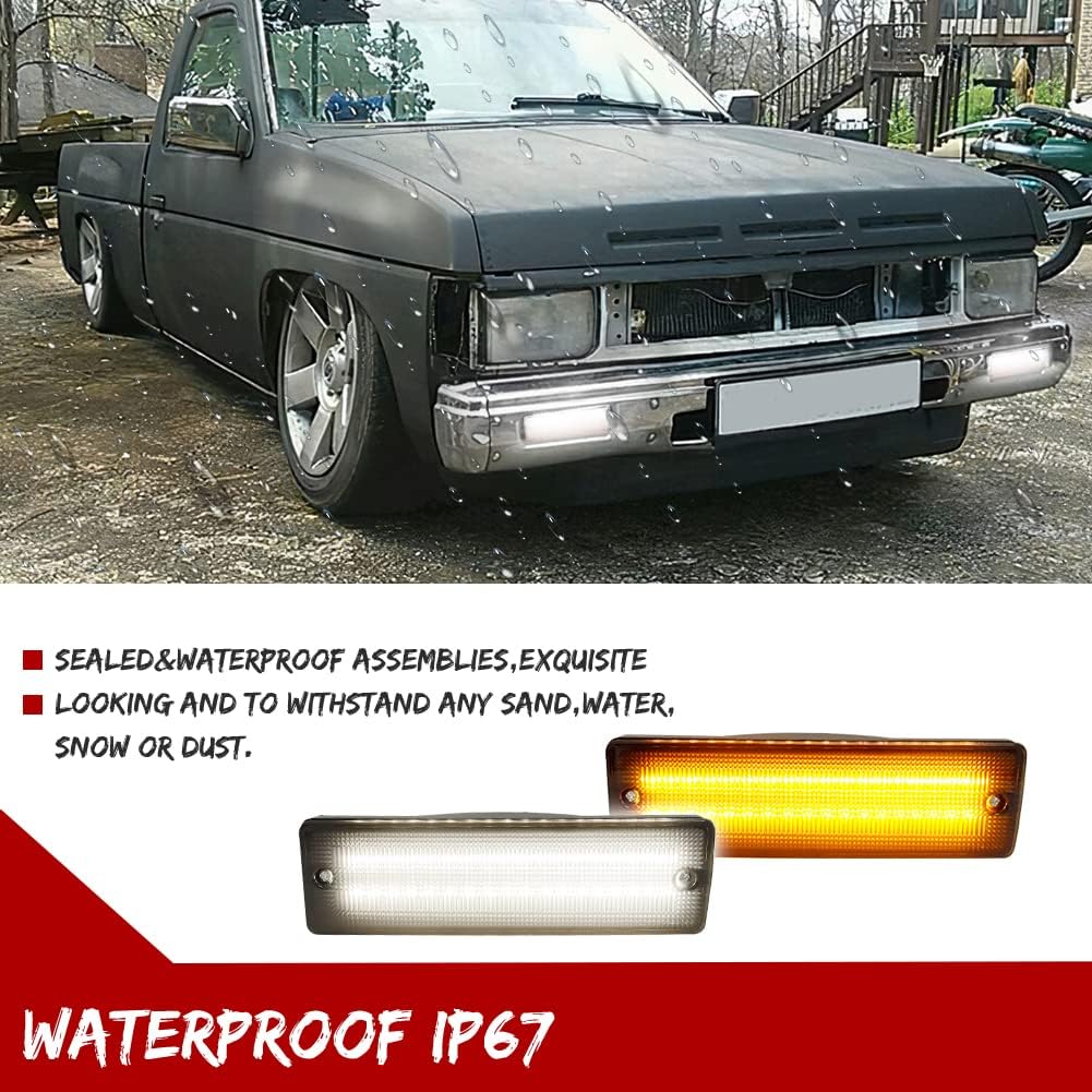 for 1988-1997 Nissan Hardbody Pickup, 1988-1995 Nissan Pathfinder Front Bumper Turn Signal DRL Daytime Running Light Smoked Lens Amber/White LED Lamp