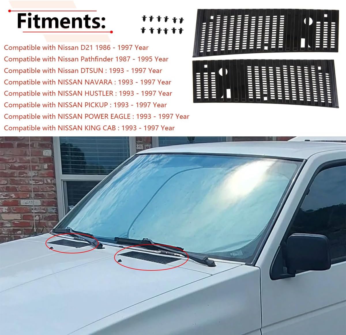 Nissan Hardbody Pickup D21 1 Set Hood Cowl Top Grille Compatible with Nissan Hardbody Pickup D21 Frontier Pathfinder 1986 to 1997 Year Finisher Wiper Cowl Grille, for 66815-0S700 66814-0S700