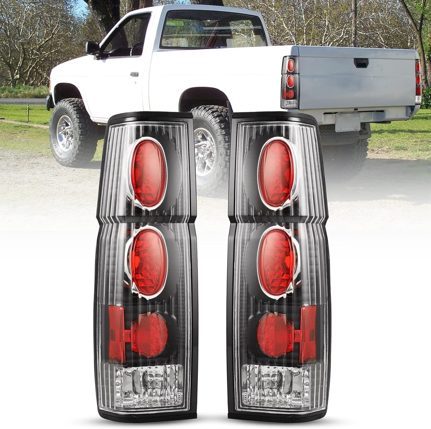 Tail Light Assembly Compatible with 1986 1987 1988 1989 1990 1991 1992 1993 1994 1995 1996 1997 Nissan Pickup D21 Driver and Passenger Side (Black Housing, Clear Lens)