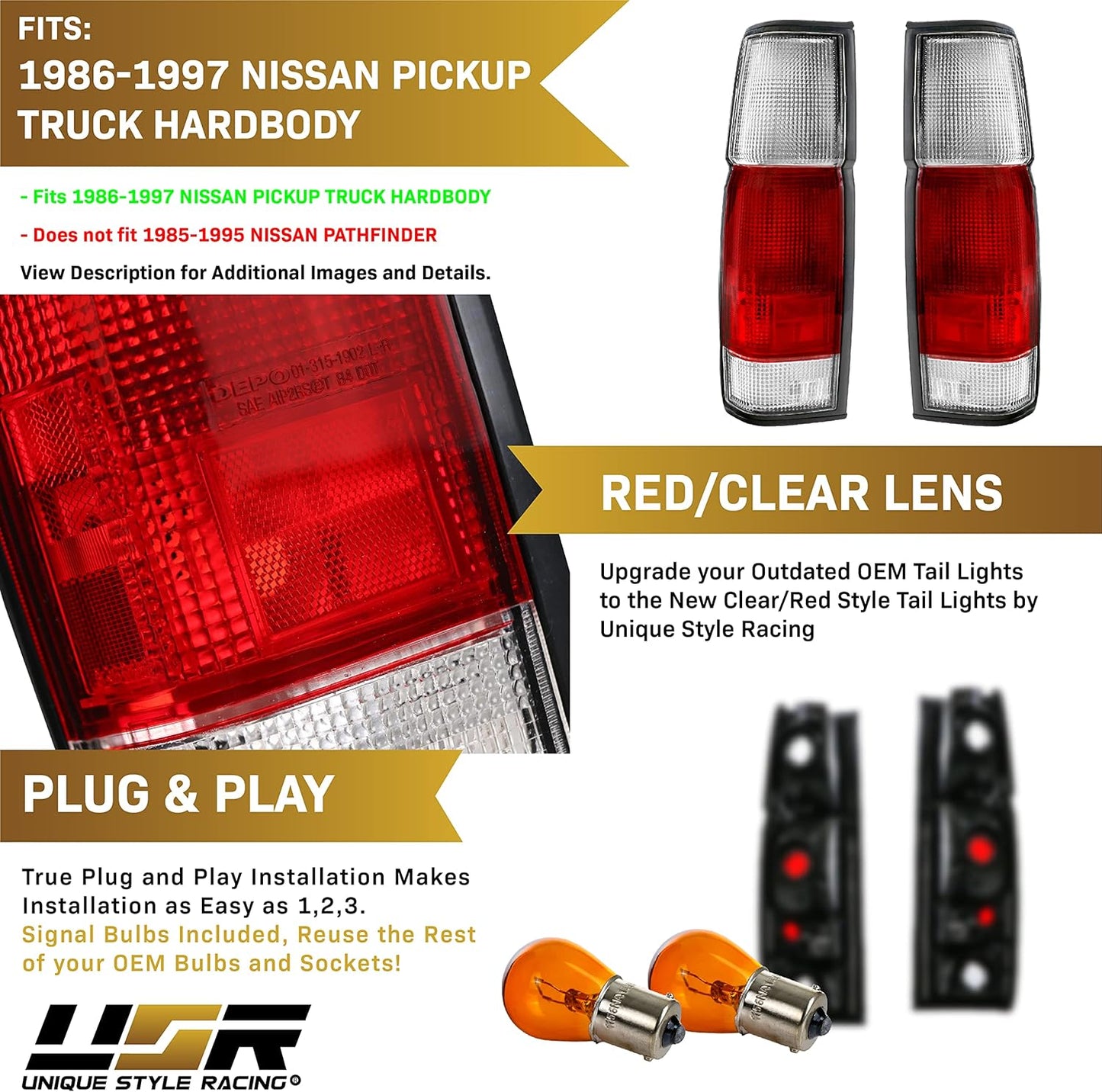 USR 86-97 Hardbody Tail Lights - Rear Tail Lamps Taillight Replacement Assembly Set (Left + Right) Compatible with 1986-1997 Nissan Hardbody D21 Pickup Truck (Red/Clear Lens)