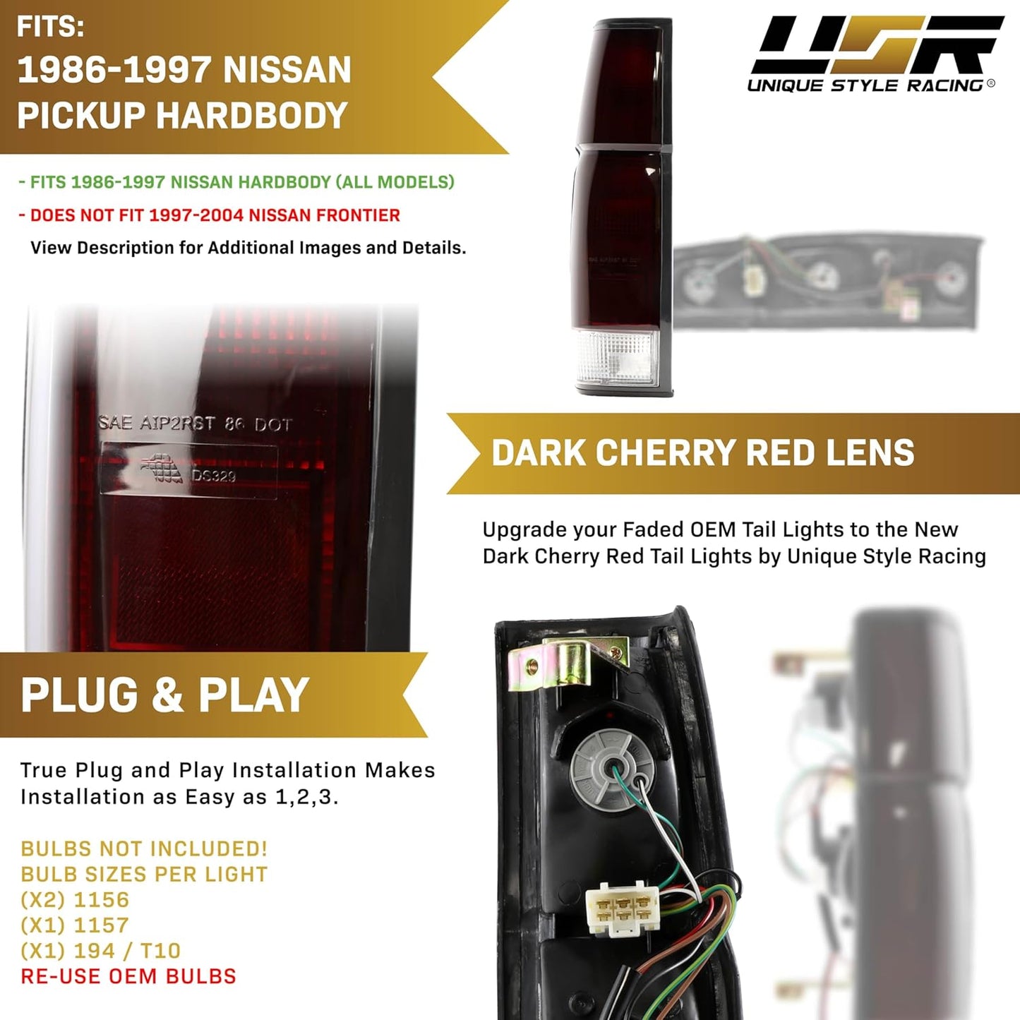 USR 86-97 Pickup Hardbody Tail Light – 2 Piece Replacement Tail Lamps (Left + Right) - Compatible with 1986-1997 Nissan Hardbody Pickup Truck All Models (Dark Cherry Red Lens and Sockets Included)