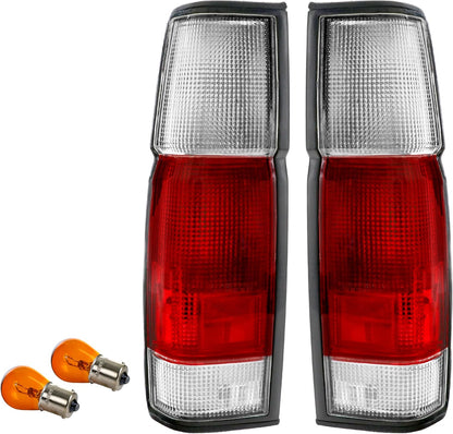 USR 86-97 Hardbody Tail Lights - Rear Tail Lamps Taillight Replacement Assembly Set (Left + Right) Compatible with 1986-1997 Nissan Hardbody D21 Pickup Truck (Red/Clear Lens)