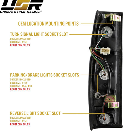 USR 86-97 Pickup Hardbody Tail Light – 2 Piece Replacement Tail Lamps (Left + Right) - Compatible with 1986-1997 Nissan Hardbody Pickup Truck All Models (Dark Cherry Red Lens and Sockets Included)
