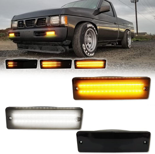for 1988-1997 Nissan Hardbody Pickup, 1988-1995 Nissan Pathfinder Front Bumper Turn Signal DRL Daytime Running Light Smoked Lens Amber/White LED Lamp