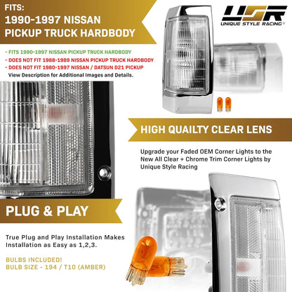 USR 90-97 Hardbody Pickup Corner Light – CLEAR Corner Lamps (Left + Right) Pair - Compatible with 1990-1997 Nissan Pick up Hardbody Truck All Models (CLEAR CORNER LAMPS W/Sockets & BULBS - Plug&Play)