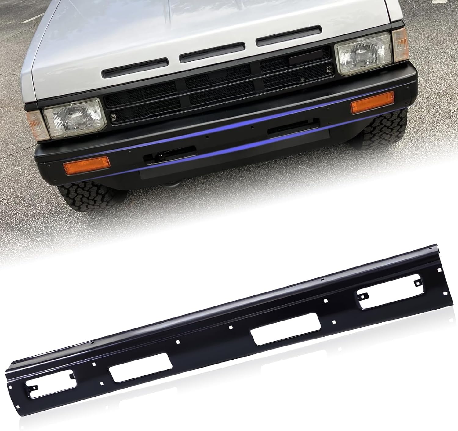 Nissan D21 Front Bumper Face Bar Compatible with NISSAN D21 Hardbody 1986-1992, Pathfinder 1987-1992 (Black without Top Pad Holes)