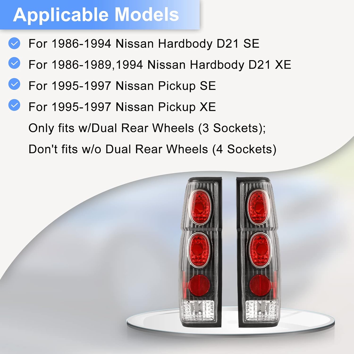 Tail Light Assembly Compatible with 1986 1987 1988 1989 1990 1991 1992 1993 1994 1995 1996 1997 Nissan Pickup D21 Driver and Passenger Side (Black Housing, Clear Lens)