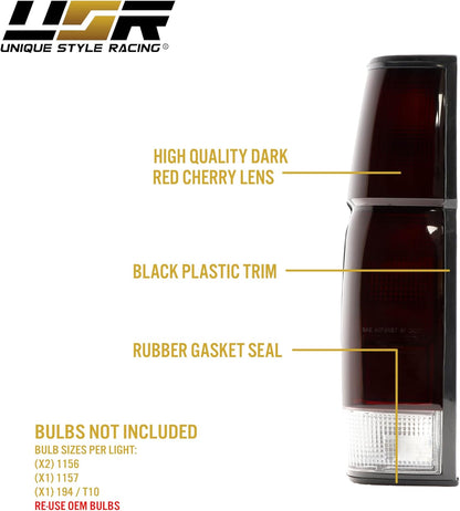 USR 86-97 Pickup Hardbody Tail Light – 2 Piece Replacement Tail Lamps (Left + Right) - Compatible with 1986-1997 Nissan Hardbody Pickup Truck All Models (Dark Cherry Red Lens and Sockets Included)