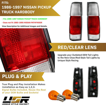 USR 86-97 Hardbody Tail Lights - Rear Tail Lamps Taillight Replacement Assembly Set (Left + Right) Compatible with 1986-1997 Nissan Hardbody D21 Pickup Truck (Red/Clear Lens)