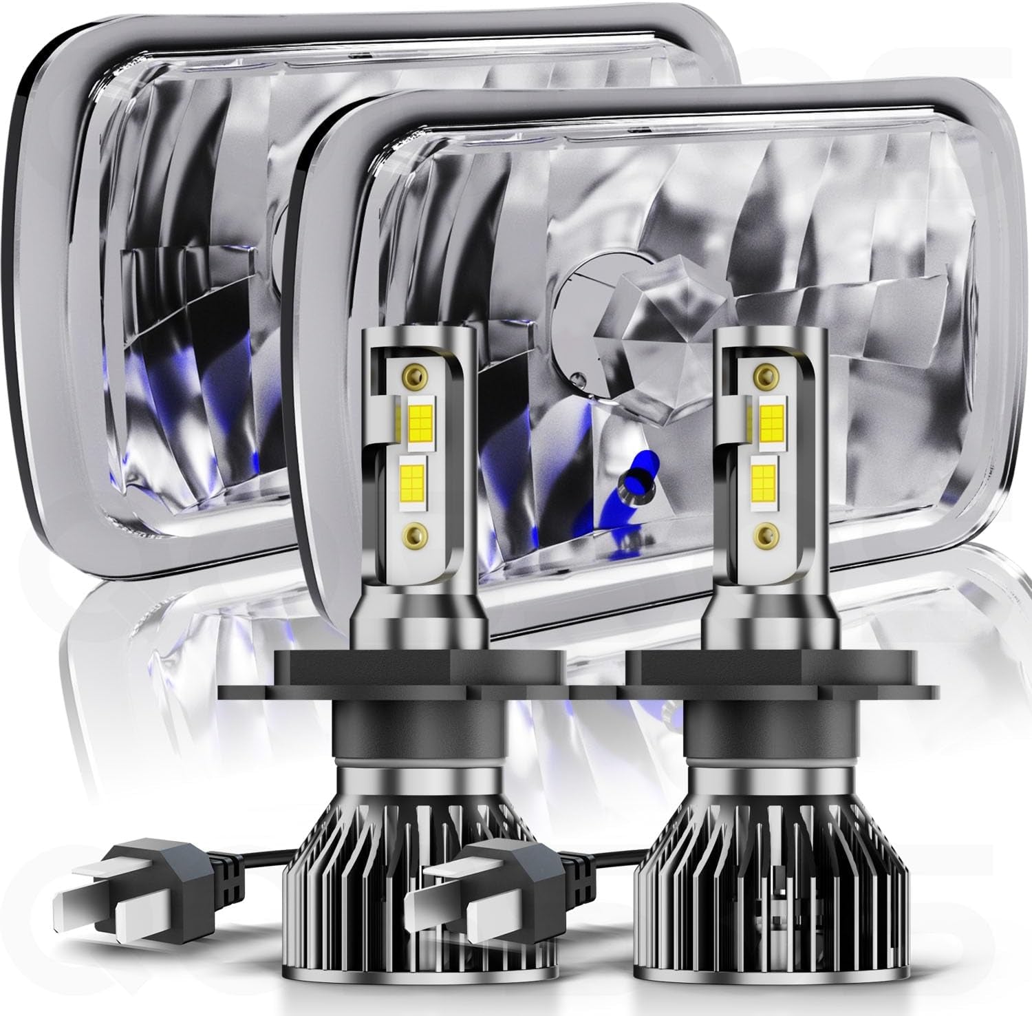 Pair 7X6" 5X7" LED High/Low Beam for 1995-1997 Nissan Pickup Hardbody,5X7 7X6 Inch Diamond Crystal Clear Semi Sealed Beam Glass Lens Housing Headlights,H4 LED Bulbs,6000K Cool White