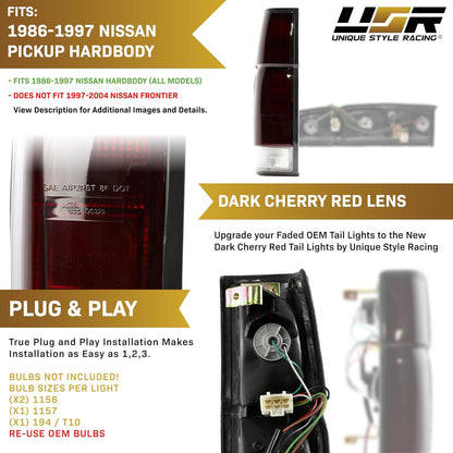 USR 86-97 Pickup Hardbody Tail Light – 2 Piece Replacement Tail Lamps (Left + Right) - Compatible with 1986-1997 Nissan Hardbody Pickup Truck All Models (Dark Cherry Red Lens and Sockets Included)
